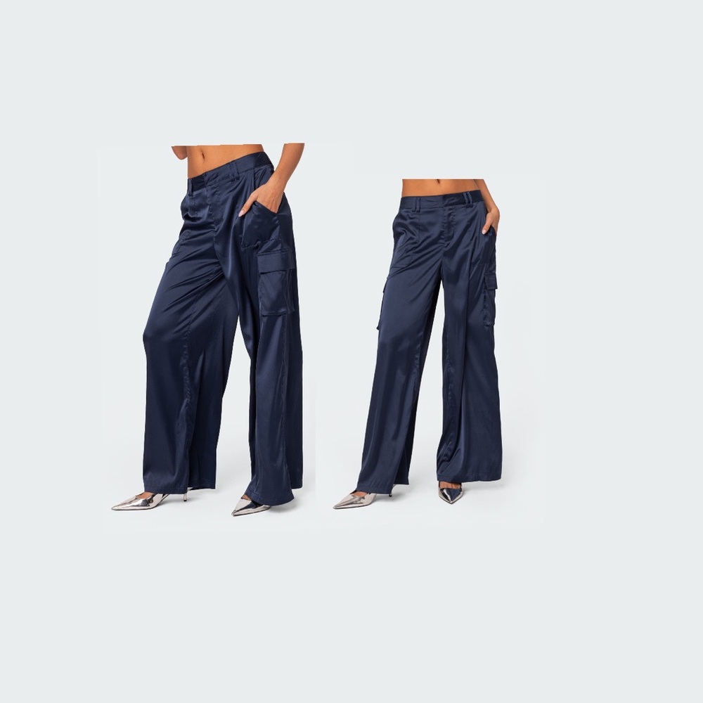 Edikted Women’s Kelsey Satin Trousers Size Small Navy Blue Cargo Pants BNWOT - Picture 5 of 16